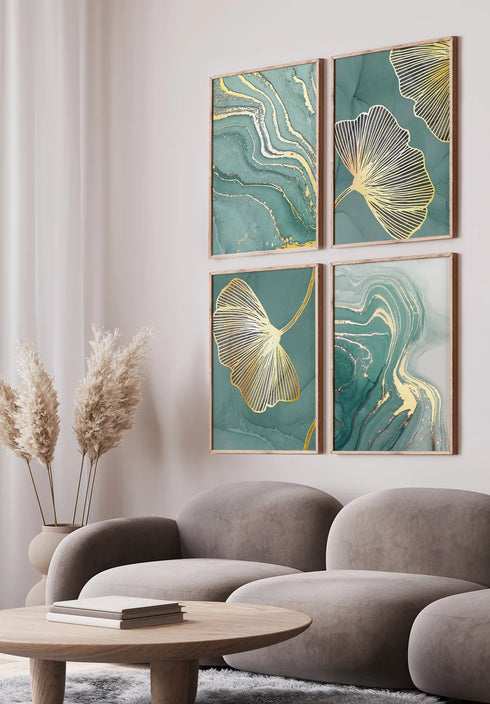 Conjunto de 4 Pósters Mármol Menta de Oro Real 50x70cm
